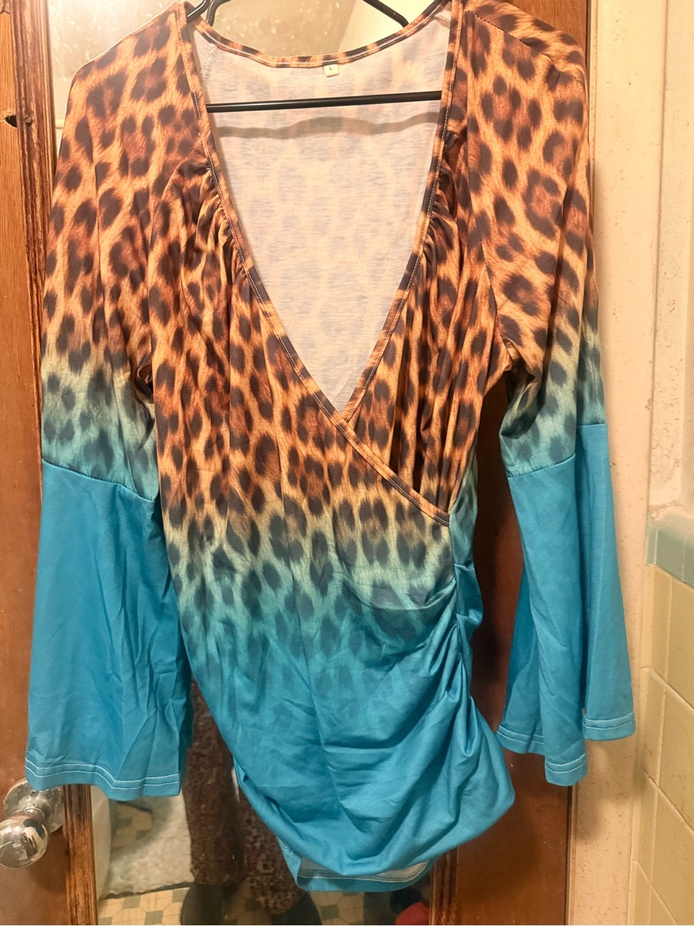 Animal Print Wrap-Style Women's Top in Turquoise and Brown